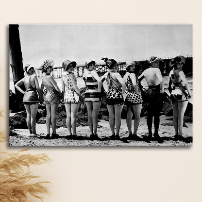Flapper Girls Beach Print, Woman in Swimsuits, Black and White, Beach House Art, Canvas Print Wall Art Decor