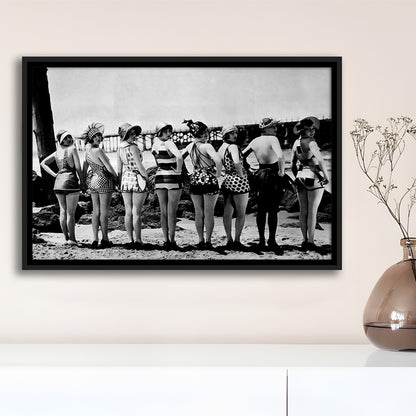 Flapper Girls Beach Print, Woman in Swimsuits, Black and White, Beach House Art, Floating Framed Canvas Print