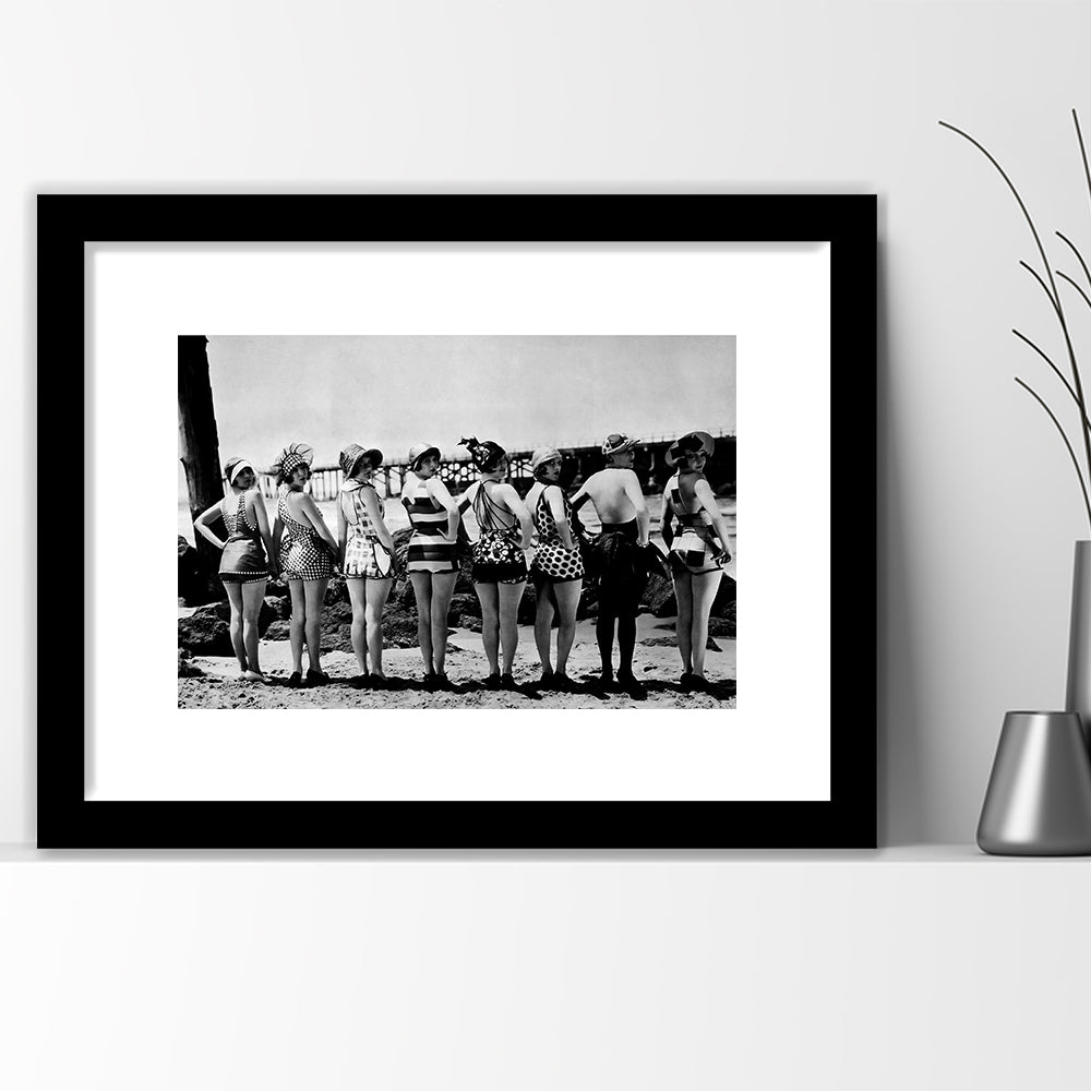 Flapper Girls Beach Print, Woman in Swimsuits, Black and White, Beach House Art, Framed Art Print White Border Wall Decor