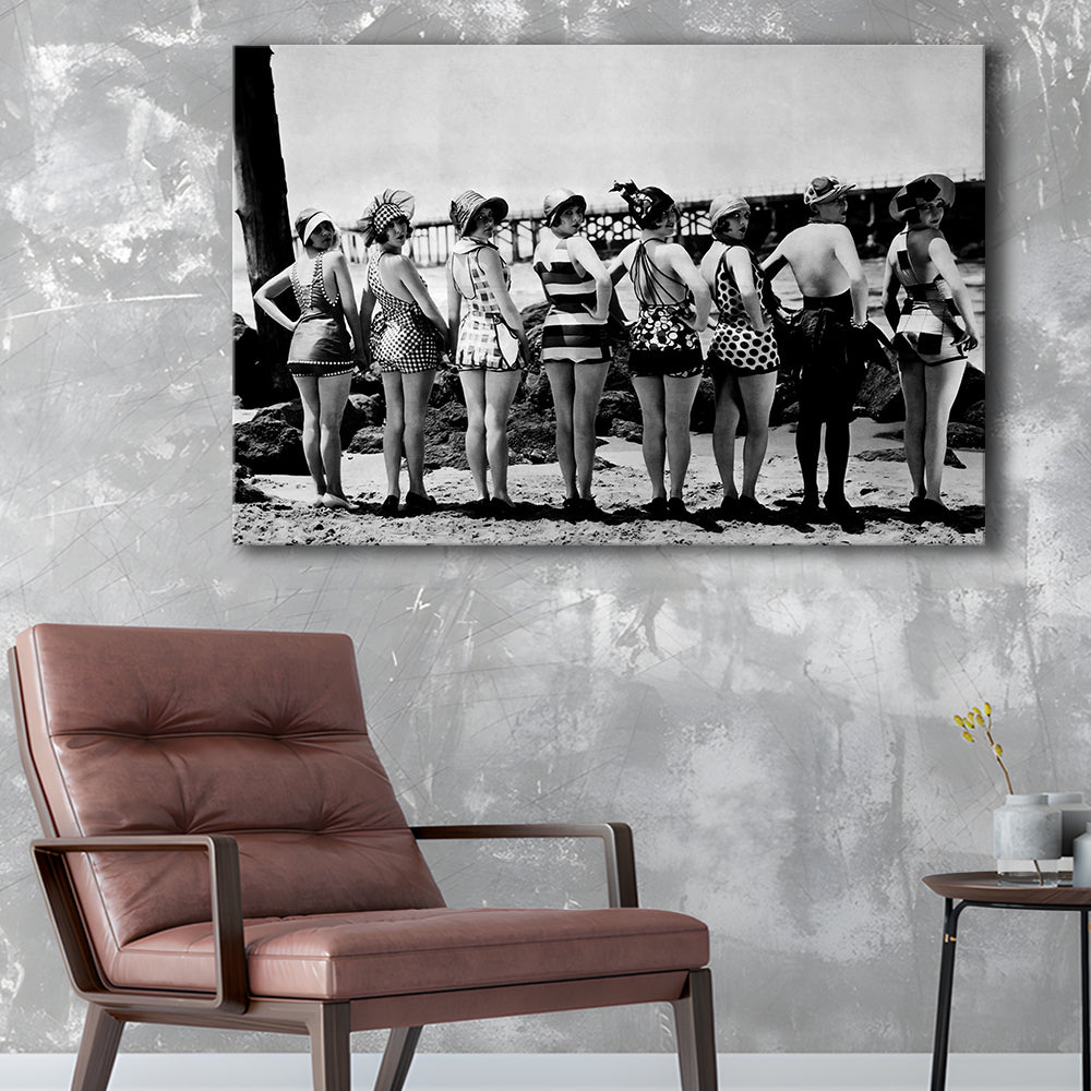 Flapper Girls Beach Print, Woman in Swimsuits, Black and White, Beach House Art, Canvas Print Wall Art Decor