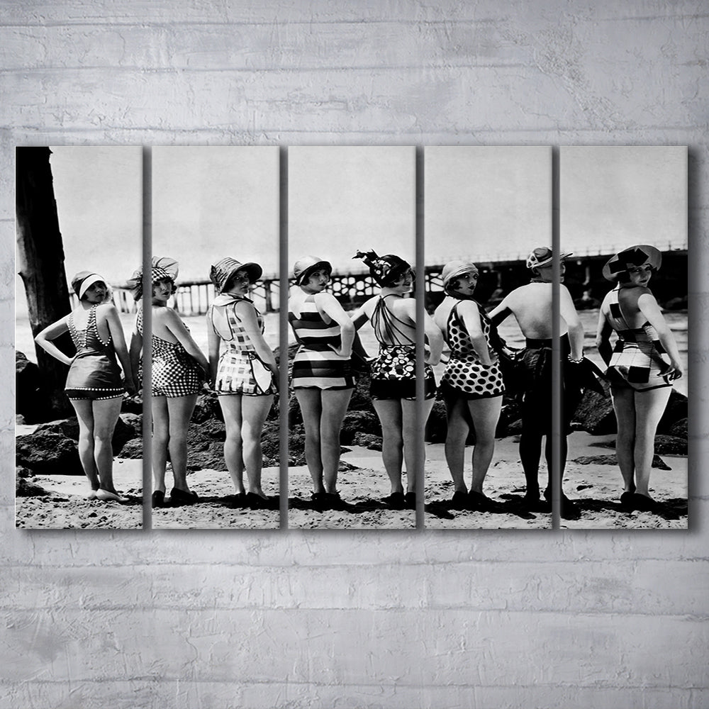 Flapper Girls Beach Print, Woman in Swimsuits, Black and White, Beach House Art, 5 Pieces Large Canvas Print
