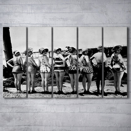 Flapper Girls Beach Print, Woman in Swimsuits, Black and White, Beach House Art, 5 Pieces Large Canvas Print