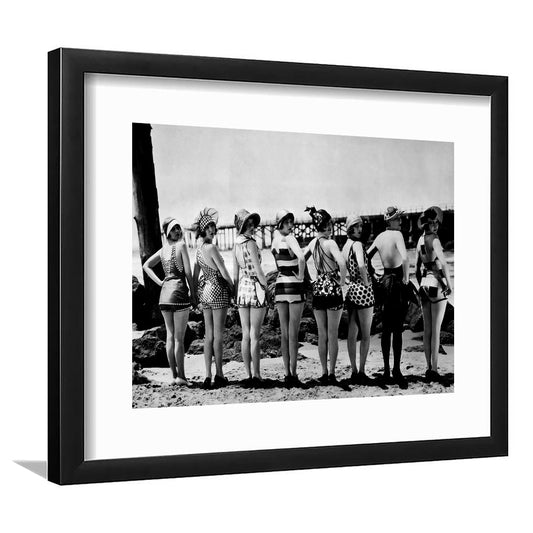 Flapper Girls Beach Print, Woman in Swimsuits, Black and White, Beach House Art, Framed Art Print White Border Wall Decor