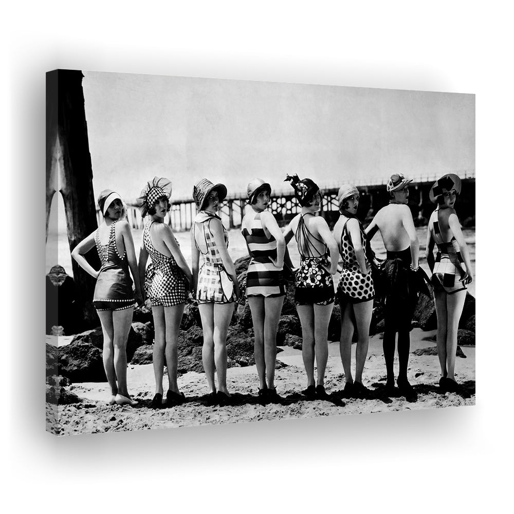 Flapper Girls Beach Print, Woman in Swimsuits, Black and White, Beach House Art, Canvas Print Wall Art Decor