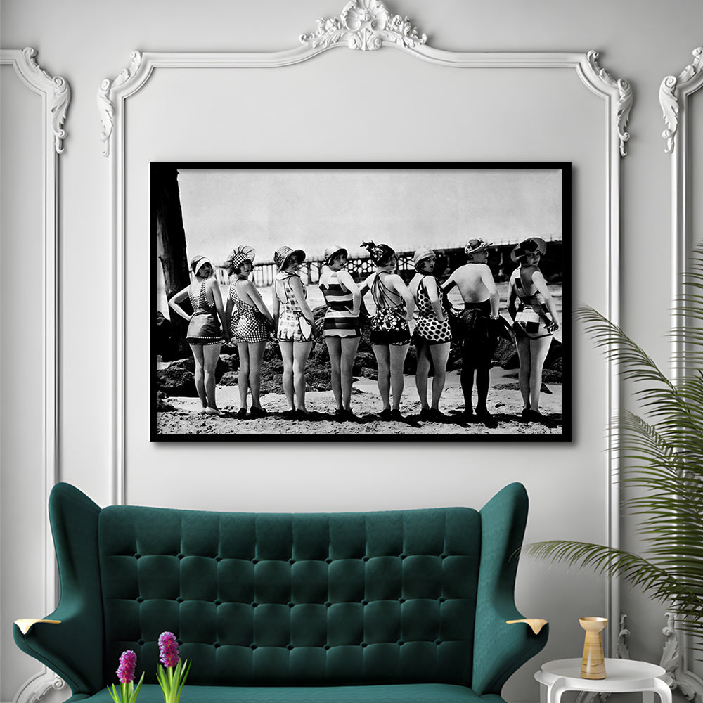 Flapper Girls Beach Print, Woman in Swimsuits, Black and White, Beach House Art, Framed Art Print Wall Decor