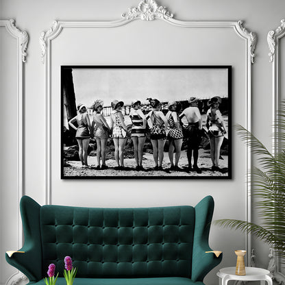 Flapper Girls Beach Print, Woman in Swimsuits, Black and White, Beach House Art, Framed Art Print Wall Decor