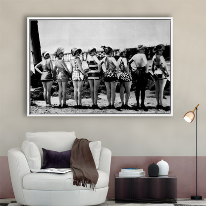 Flapper Girls Beach Print, Woman in Swimsuits, Black and White, Beach House Art, Floating Framed Canvas Print
