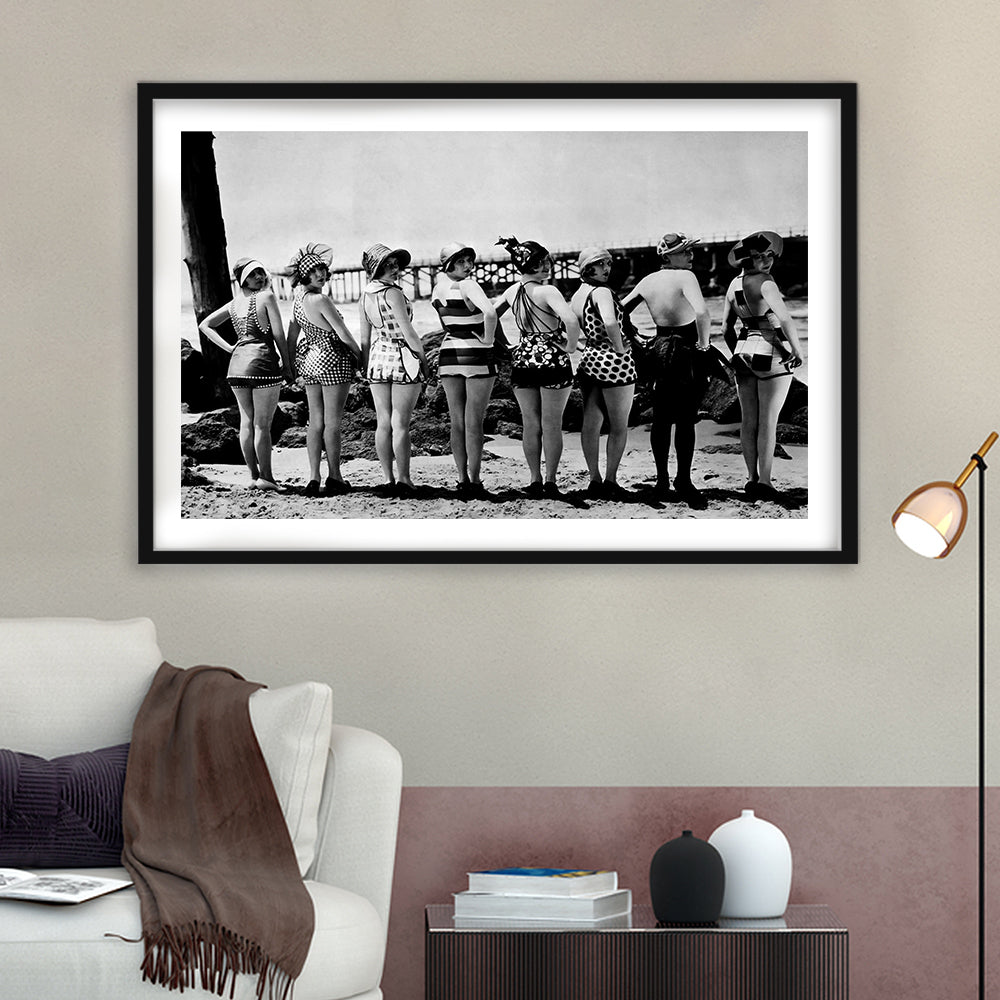 Flapper Girls Beach Print, Woman in Swimsuits, Black and White, Beach House Art, Framed Art Print White Border Wall Decor