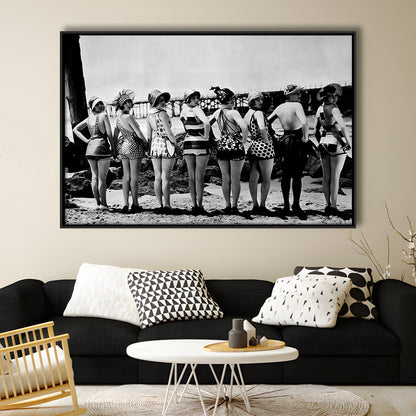Flapper Girls Beach Print, Woman in Swimsuits, Black and White, Beach House Art, Floating Framed Canvas Print