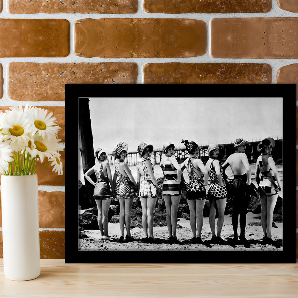 Flapper Girls Beach Print, Woman in Swimsuits, Black and White, Beach House Art, Framed Art Print Wall Decor