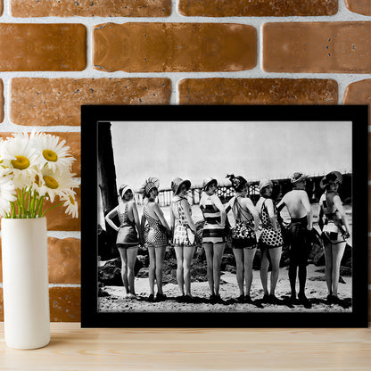Flapper Girls Beach Print, Woman in Swimsuits, Black and White, Beach House Art, Framed Art Print Wall Decor