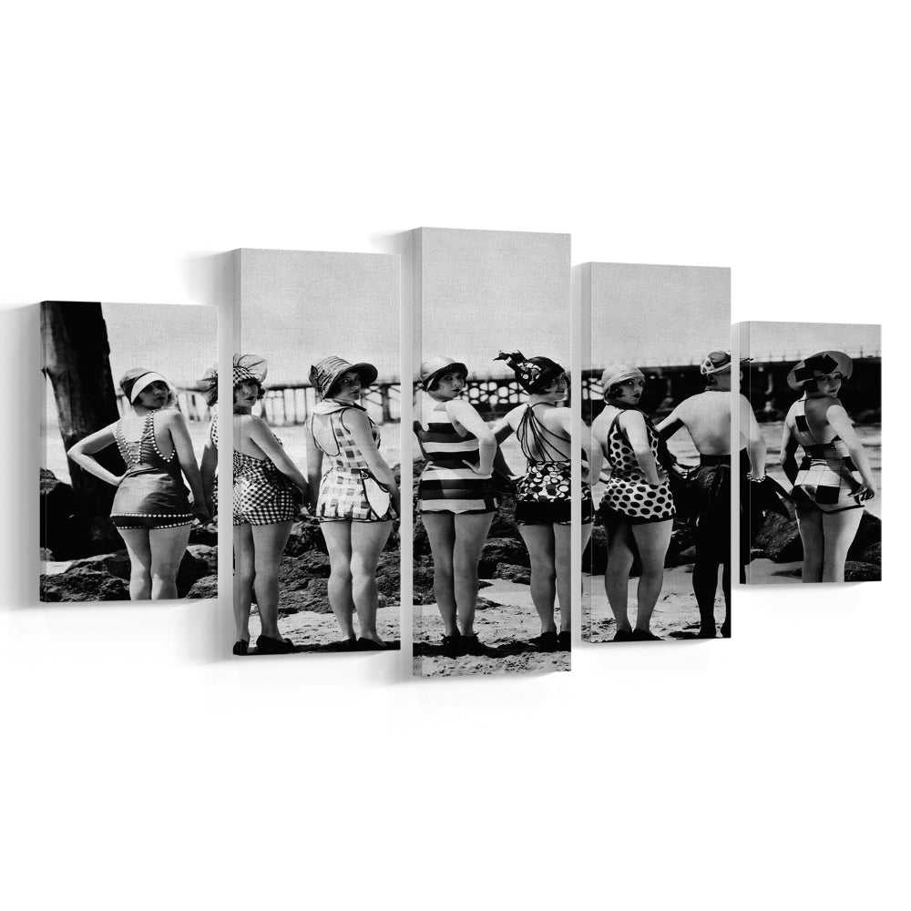 Flapper Girls Beach Print, Woman in Swimsuits, Black and White, Beach House Art, Mixed 5 Pieces Canvas Print