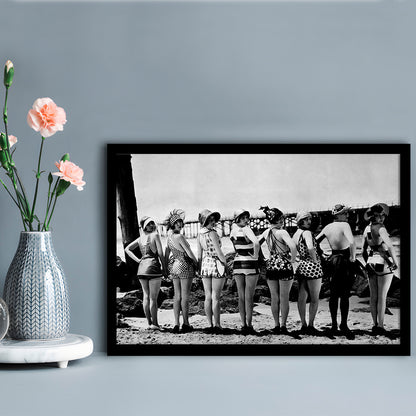 Flapper Girls Beach Print, Woman in Swimsuits, Black and White, Beach House Art, Framed Art Print Wall Decor
