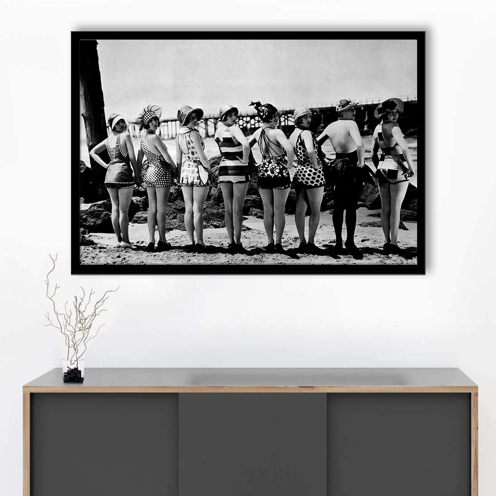 Flapper Girls Beach Print, Woman in Swimsuits, Black and White, Beach House Art, Framed Art Print Wall Decor
