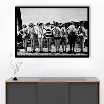 Flapper Girls Beach Print, Woman in Swimsuits, Black and White, Beach House Art, Framed Art Print Wall Decor