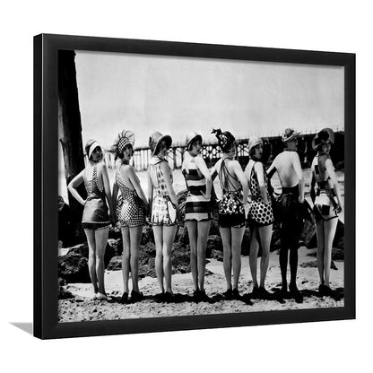 Flapper Girls Beach Print, Woman in Swimsuits, Black and White, Beach House Art, Framed Art Print Wall Decor