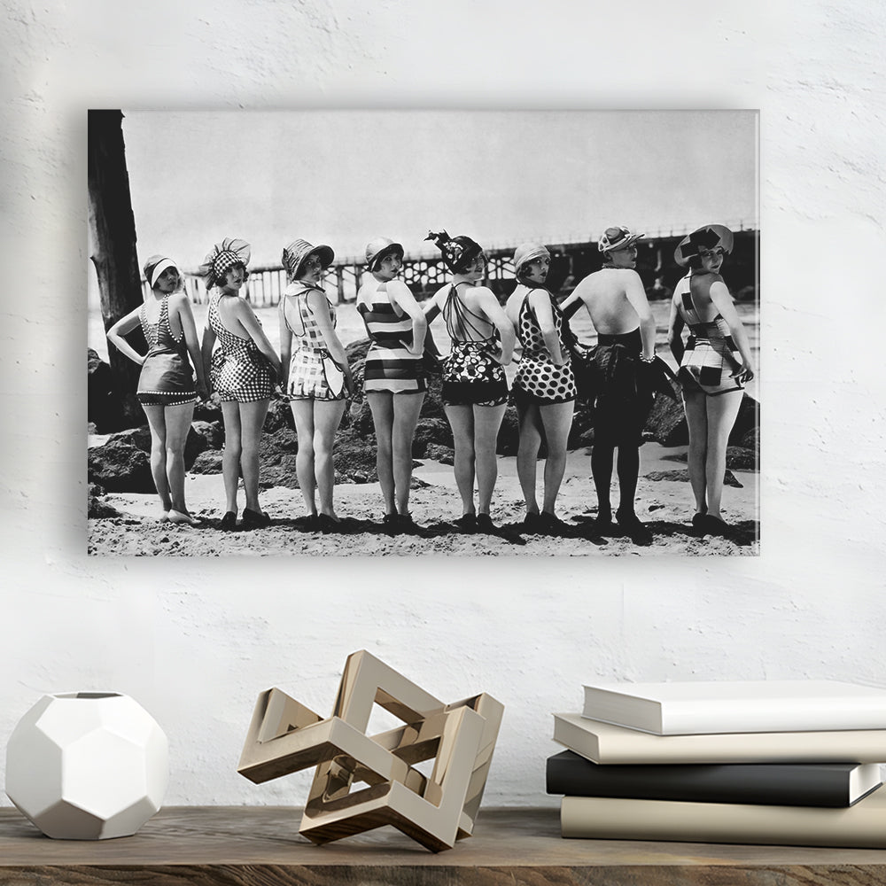 Flapper Girls Beach Print, Woman in Swimsuits, Black and White, Beach House Art, Canvas Print Wall Art Decor