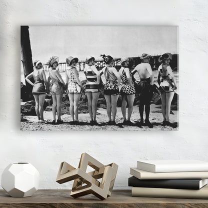 Flapper Girls Beach Print, Woman in Swimsuits, Black and White, Beach House Art, Canvas Print Wall Art Decor