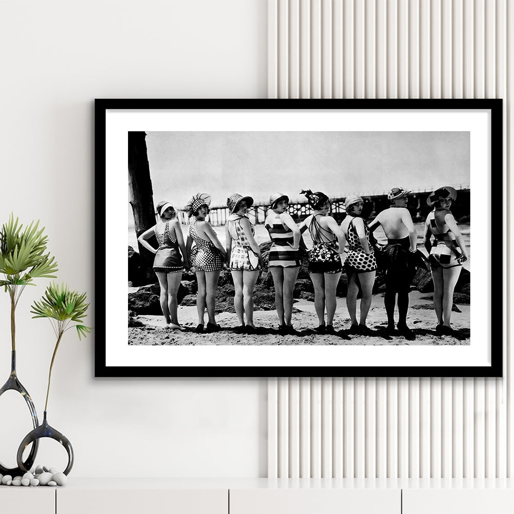 Flapper Girls Beach Print, Woman in Swimsuits, Black and White, Beach House Art, Framed Art Print White Border Wall Decor