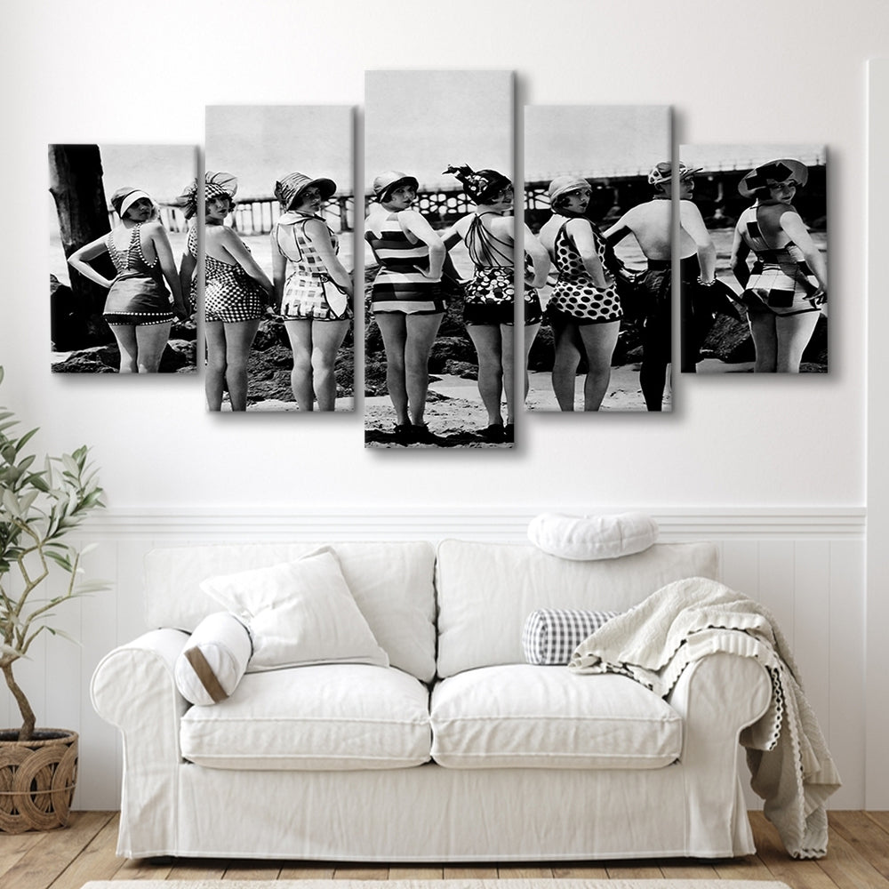 Flapper Girls Beach Print, Woman in Swimsuits, Black and White, Beach House Art, Mixed 5 Pieces Canvas Print