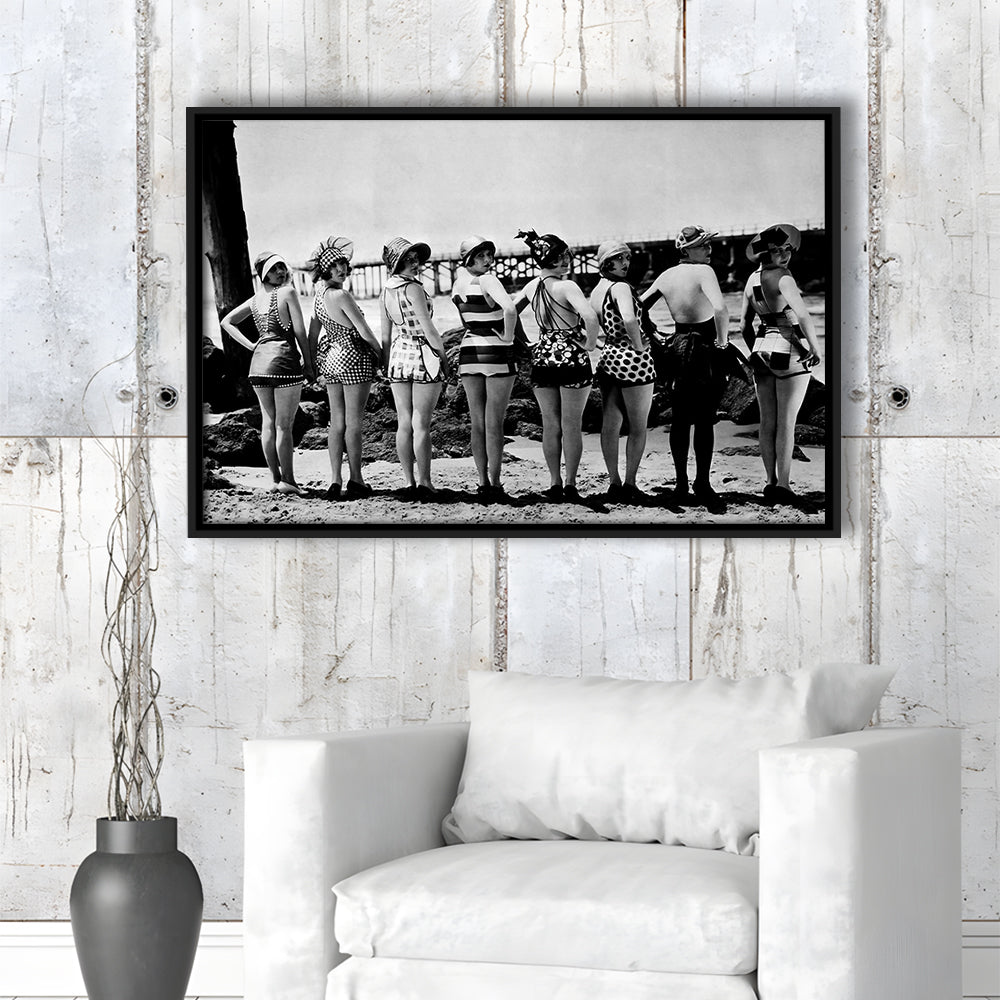 Flapper Girls Beach Print, Woman in Swimsuits, Black and White, Beach House Art, Floating Framed Canvas Print