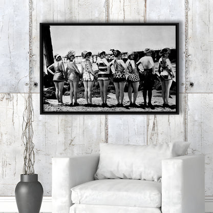 Flapper Girls Beach Print, Woman in Swimsuits, Black and White, Beach House Art, Floating Framed Canvas Print