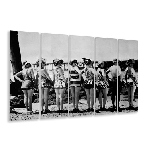 Flapper Girls Beach Print, Woman in Swimsuits, Black and White, Beach House Art, 5 Pieces Large Canvas Print