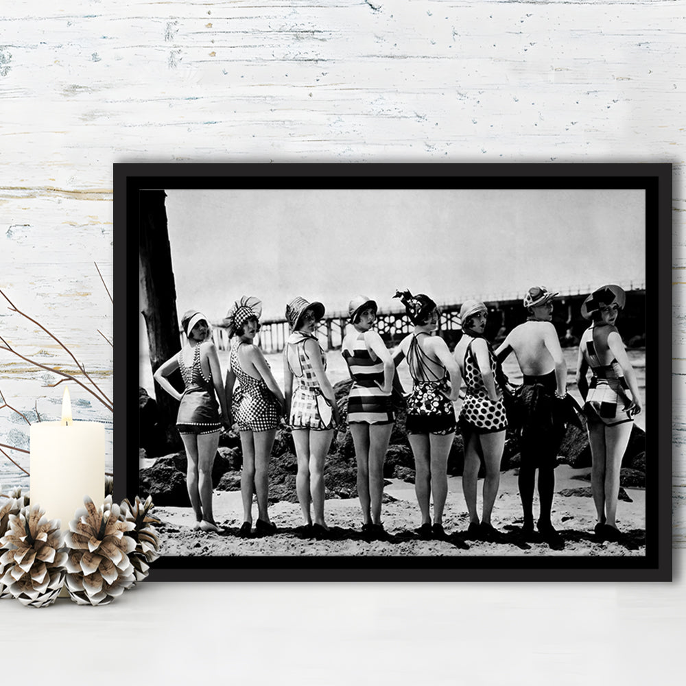 Flapper Girls Beach Print, Woman in Swimsuits, Black and White, Beach House Art, Floating Framed Canvas Print