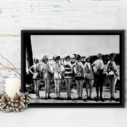 Flapper Girls Beach Print, Woman in Swimsuits, Black and White, Beach House Art, Floating Framed Canvas Print