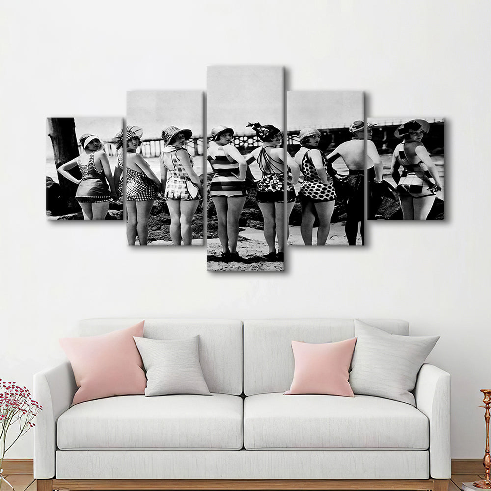 Flapper Girls Beach Print, Woman in Swimsuits, Black and White, Beach House Art, Mixed 5 Pieces Canvas Print
