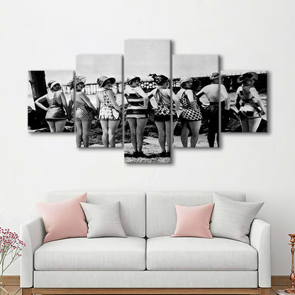 Flapper Girls Beach Print, Woman in Swimsuits, Black and White, Beach House Art, Mixed 5 Pieces Canvas Print