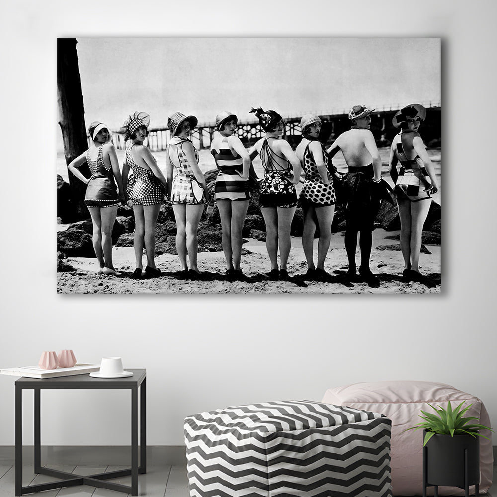 Flapper Girls Beach Print, Woman in Swimsuits, Black and White, Beach House Art, Canvas Print Wall Art Decor