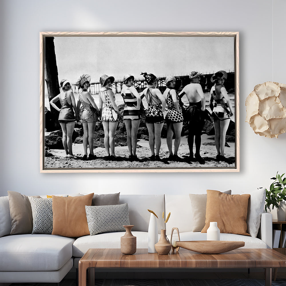 Flapper Girls Beach Print, Woman in Swimsuits, Black and White, Beach House Art, Floating Framed Canvas Print