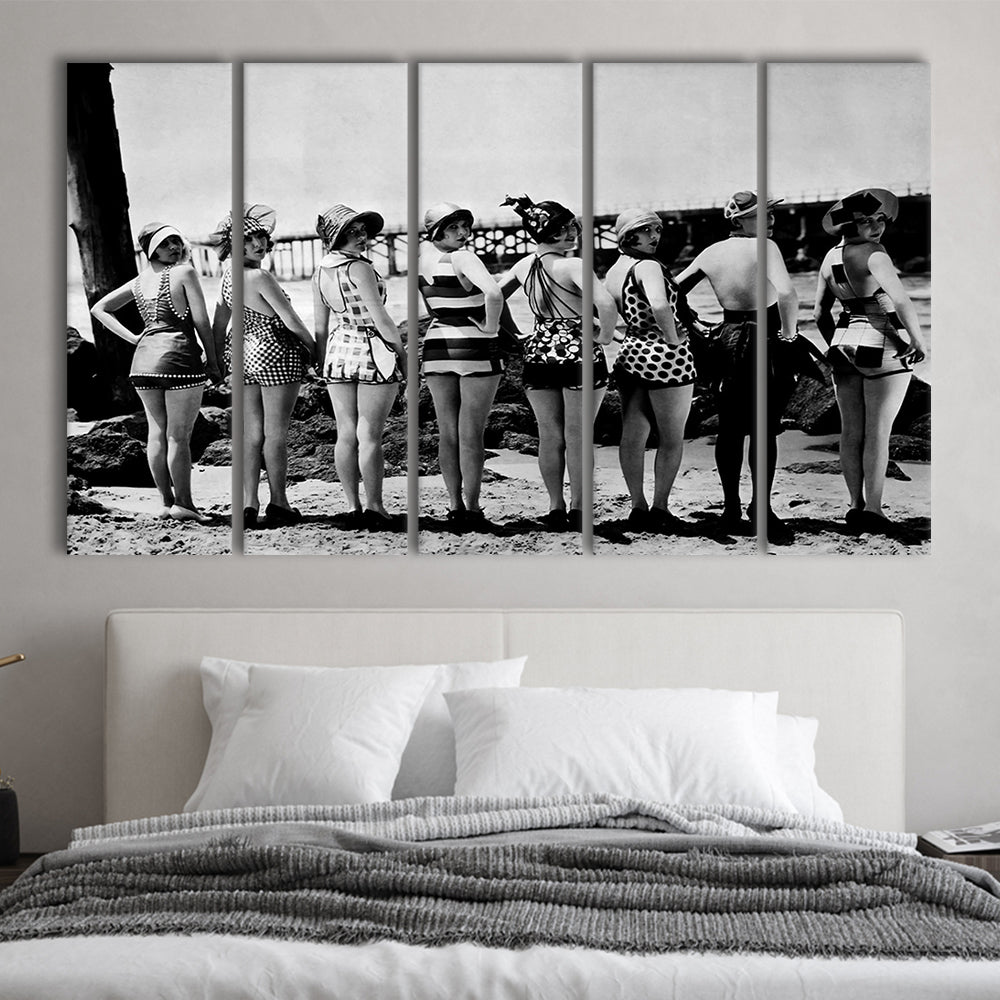 Flapper Girls Beach Print, Woman in Swimsuits, Black and White, Beach House Art, 5 Pieces Large Canvas Print