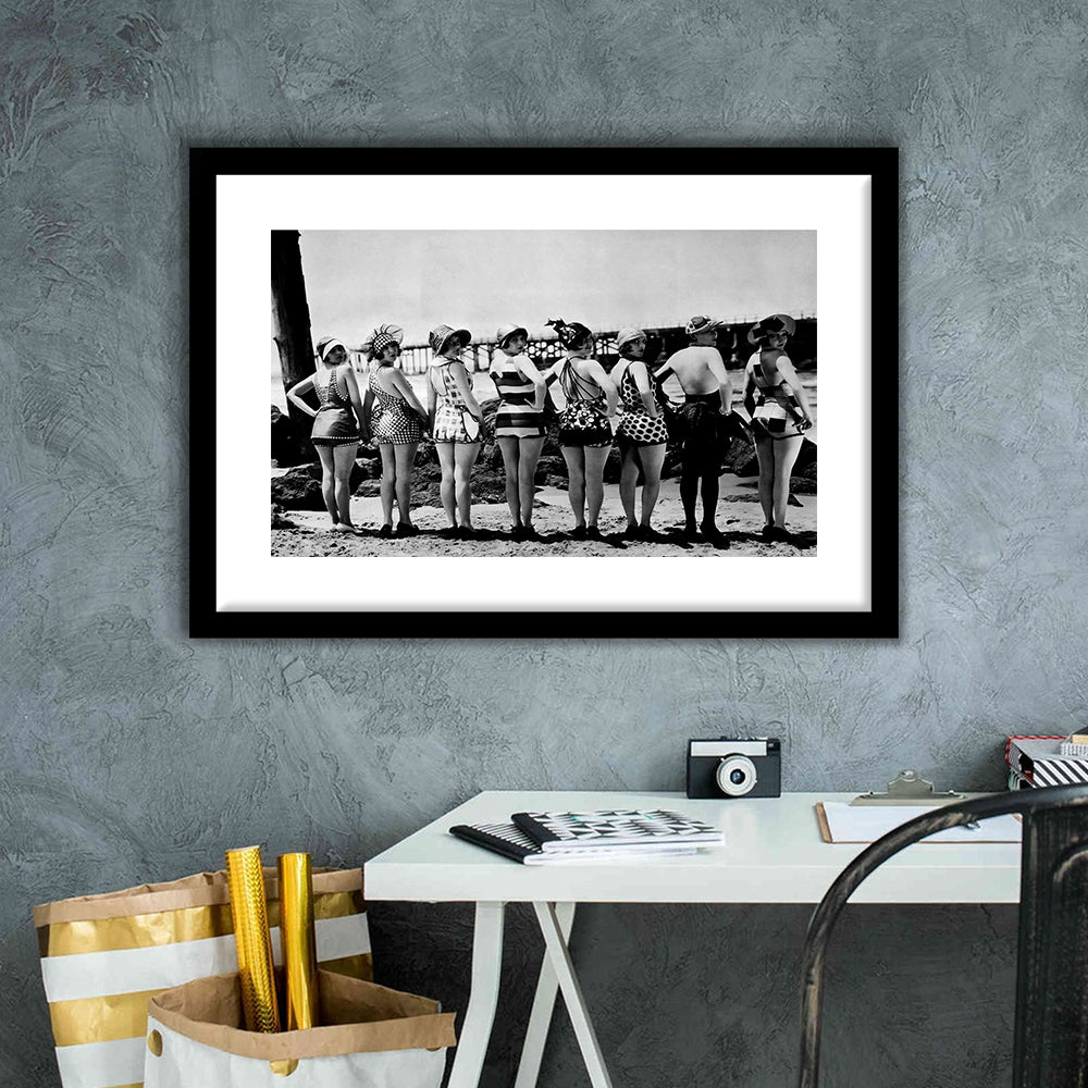Flapper Girls Beach Print, Woman in Swimsuits, Black and White, Beach House Art, Framed Art Print White Border Wall Decor