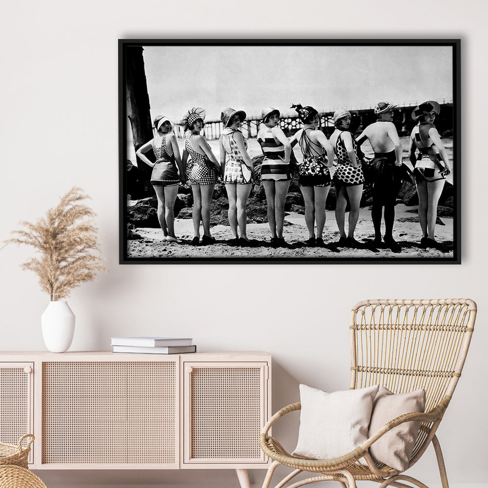 Flapper Girls Beach Print, Woman in Swimsuits, Black and White, Beach House Art, Floating Framed Canvas Print