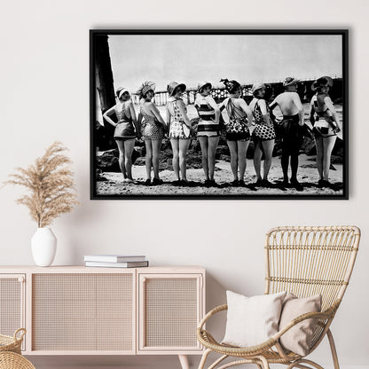 Flapper Girls Beach Print, Woman in Swimsuits, Black and White, Beach House Art, Floating Framed Canvas Print