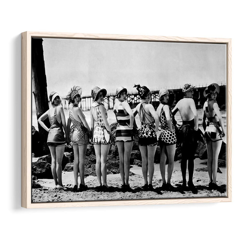 Flapper Girls Beach Print, Woman in Swimsuits, Black and White, Beach House Art, Floating Framed Canvas Print