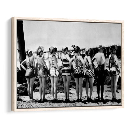 Flapper Girls Beach Print, Woman in Swimsuits, Black and White, Beach House Art, Floating Framed Canvas Print