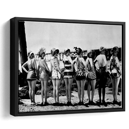 Flapper Girls Beach Print, Woman in Swimsuits, Black and White, Beach House Art, Floating Framed Canvas Print