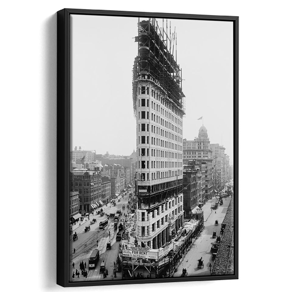 Flatiron Building New York City Historical Architecture, Black and White Art, Floating Framed Canvas Print