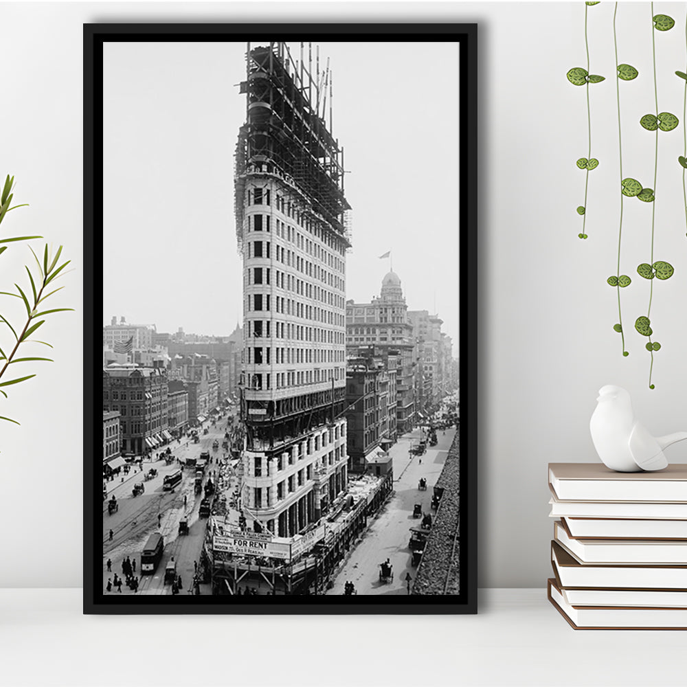 Flatiron Building New York City Historical Architecture, Black and White Art, Floating Framed Canvas Print