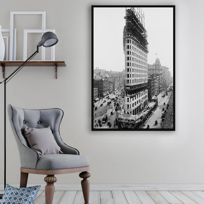 Flatiron Building New York City Historical Architecture, Black and White Art, Floating Framed Canvas Print