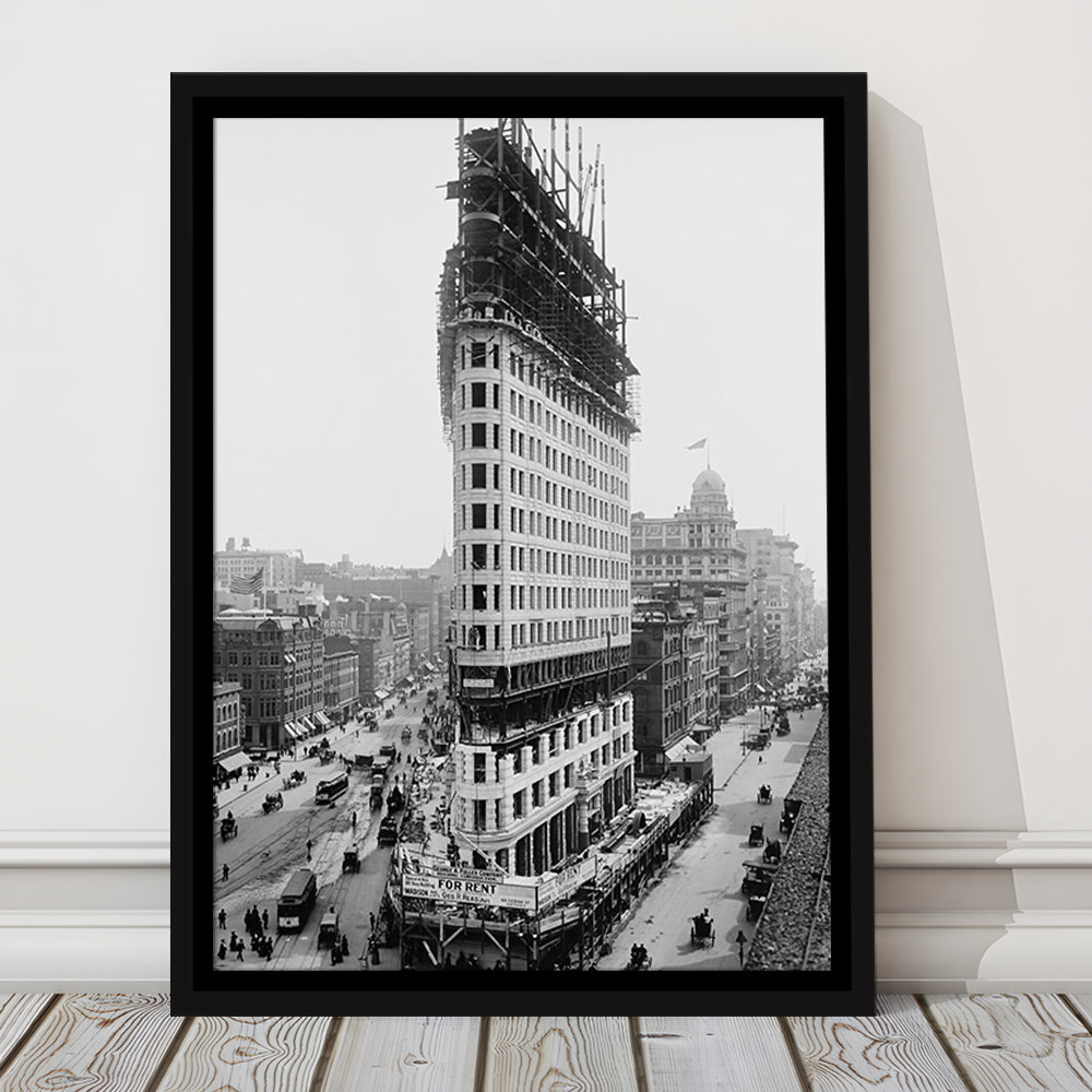 Flatiron Building New York City Historical Architecture, Black and White Art, Floating Framed Canvas Print