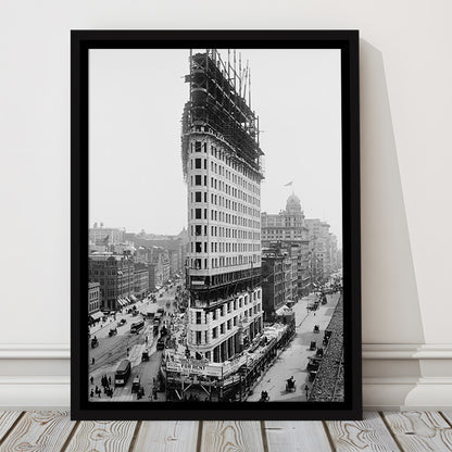 Flatiron Building New York City Historical Architecture, Black and White Art, Floating Framed Canvas Print