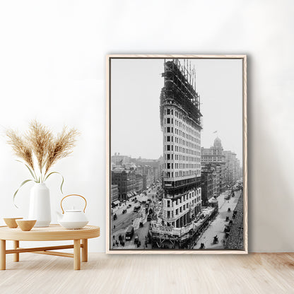 Flatiron Building New York City Historical Architecture, Black and White Art, Floating Framed Canvas Print