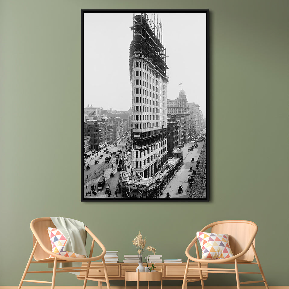Flatiron Building New York City Historical Architecture, Black and White Art, Floating Framed Canvas Print