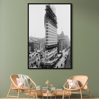 Flatiron Building New York City Historical Architecture, Black and White Art, Floating Framed Canvas Print
