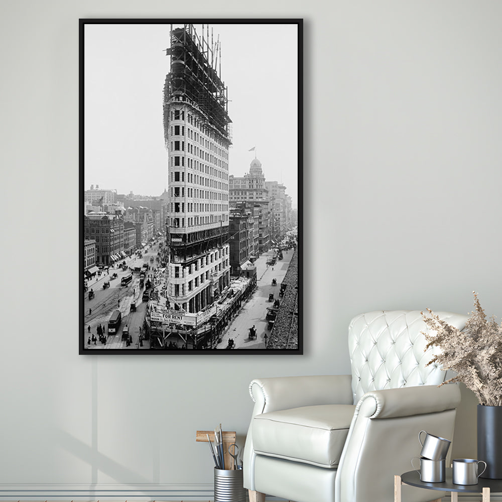 Flatiron Building New York City Historical Architecture, Black and White Art, Floating Framed Canvas Print
