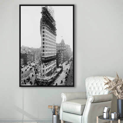Flatiron Building New York City Historical Architecture, Black and White Art, Floating Framed Canvas Print
